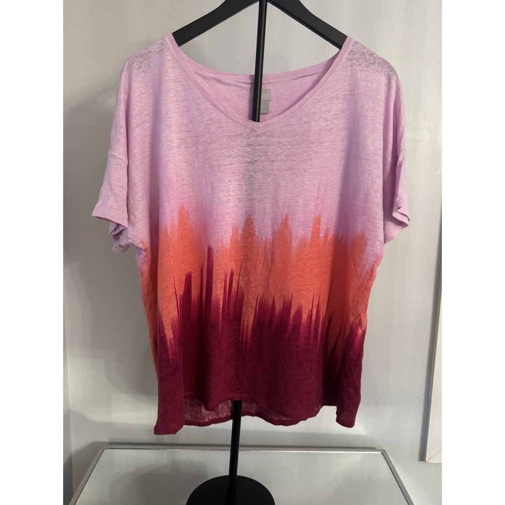 Chico's 100% Linen Soft‎ Dip Dye V Neck Top Pink Coral Boho Artsy Womens 2 (L)